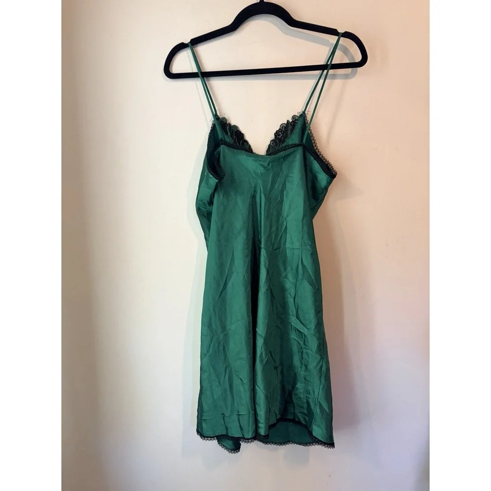 Vintage Satin Slip Lingerie Dress Nighty‎ Green Lace Trim Medium Made In USA